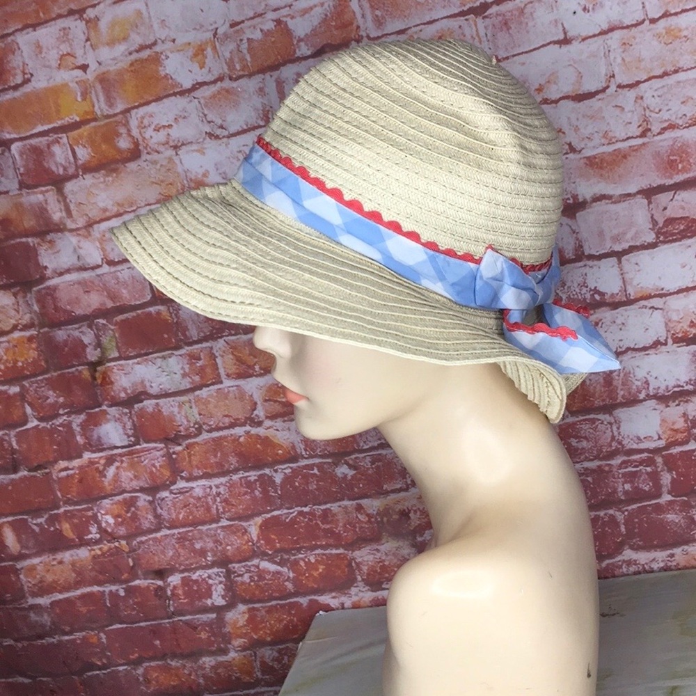 Tan Straw Sun Hat with Blue and Red Cotton Ribbon